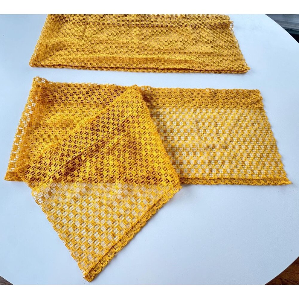 Vintage 1970s mesh valance, golden yellow, rod heading panel, price for each